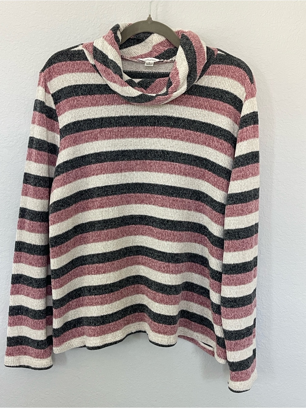 John Paul Richard Striped Cowl Neck Sweater Pink Gray Cream L Lurex